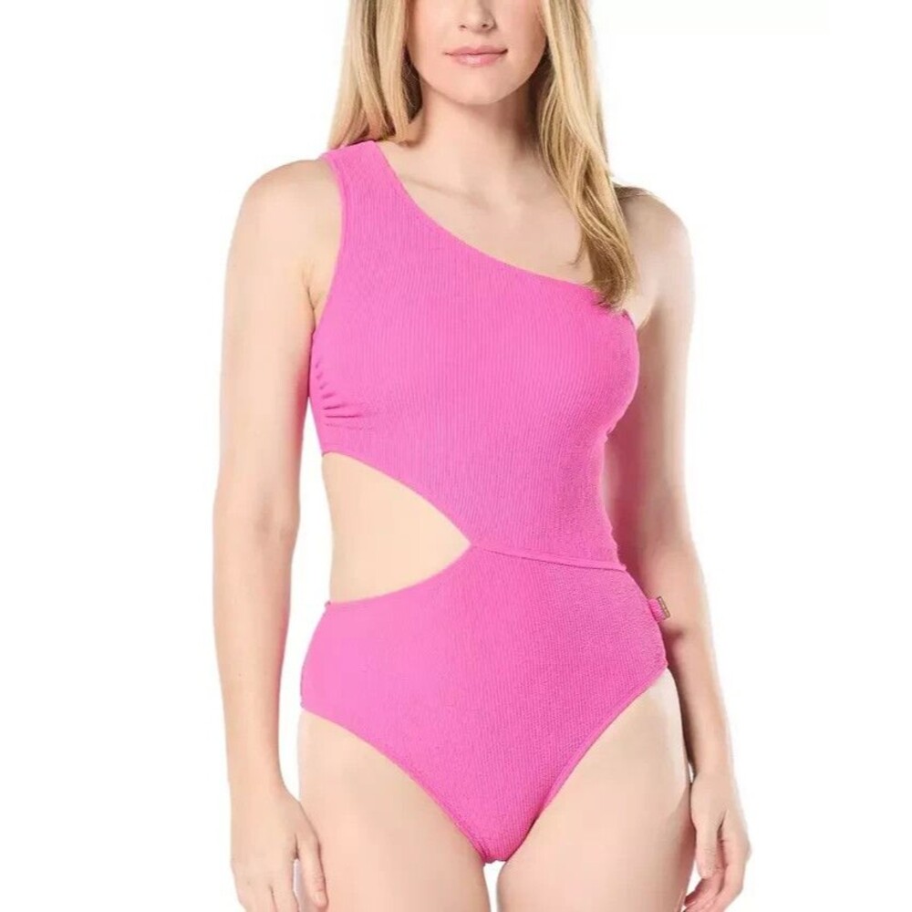 MICHAEL Michael Kors Women's Ribbed One-Shoulder Side-Cutout Swimsuit Pink 10